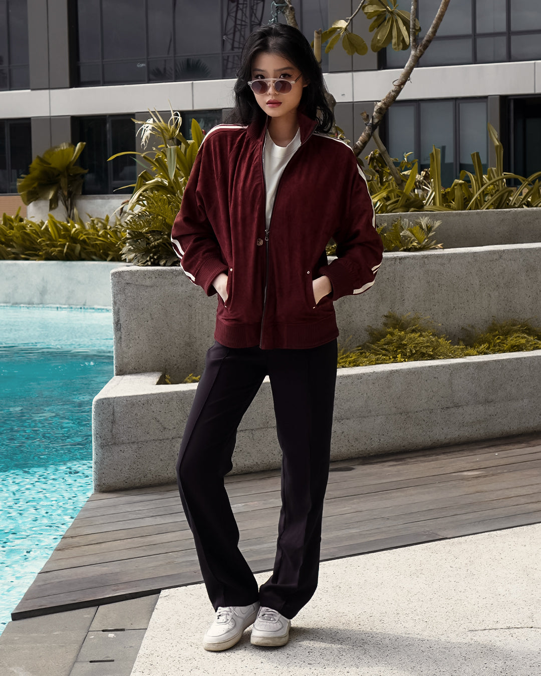 Suede Stripes Jacket w/ Button - Maroon