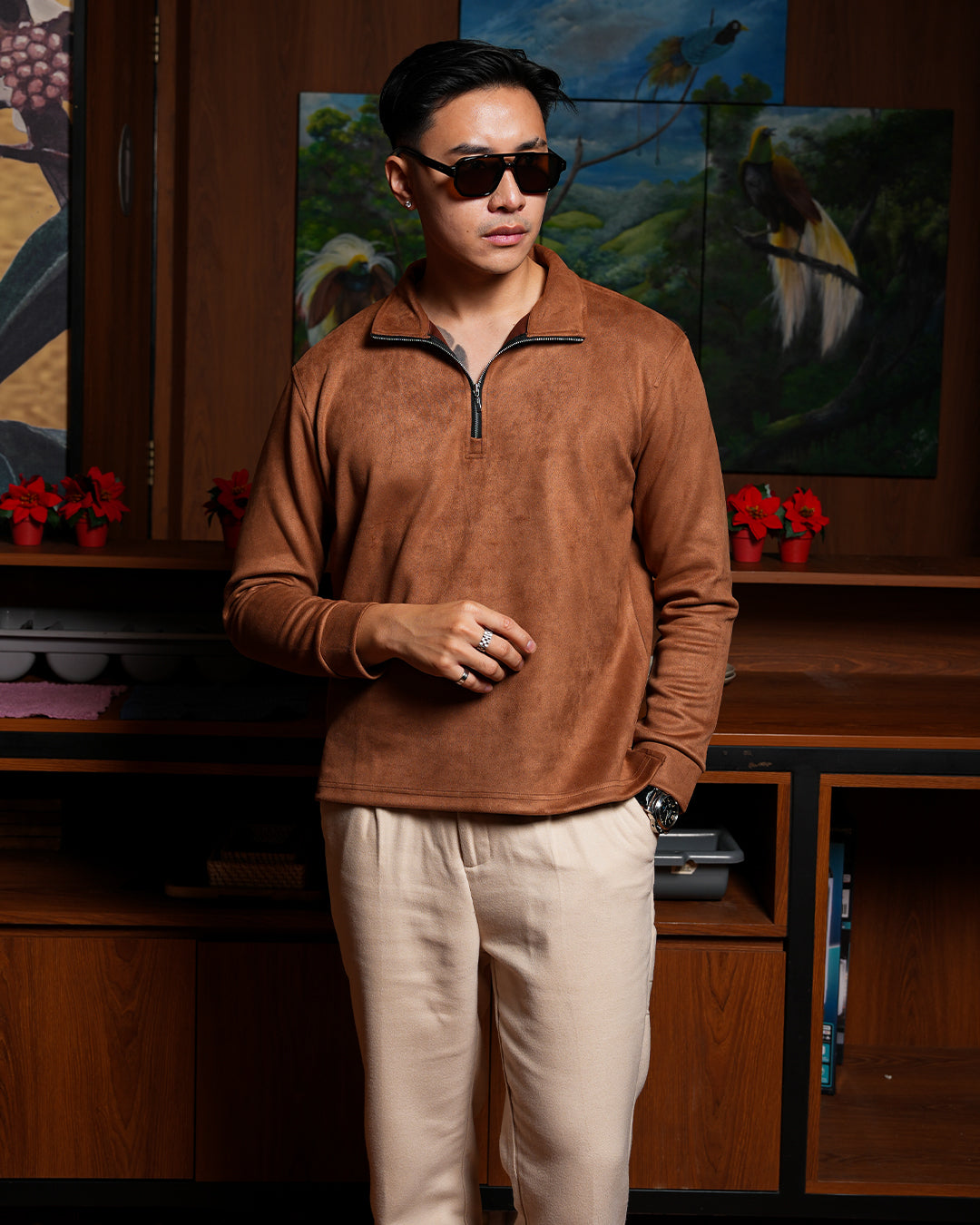 Polo Halfzip Suede Longsleeve - Camel