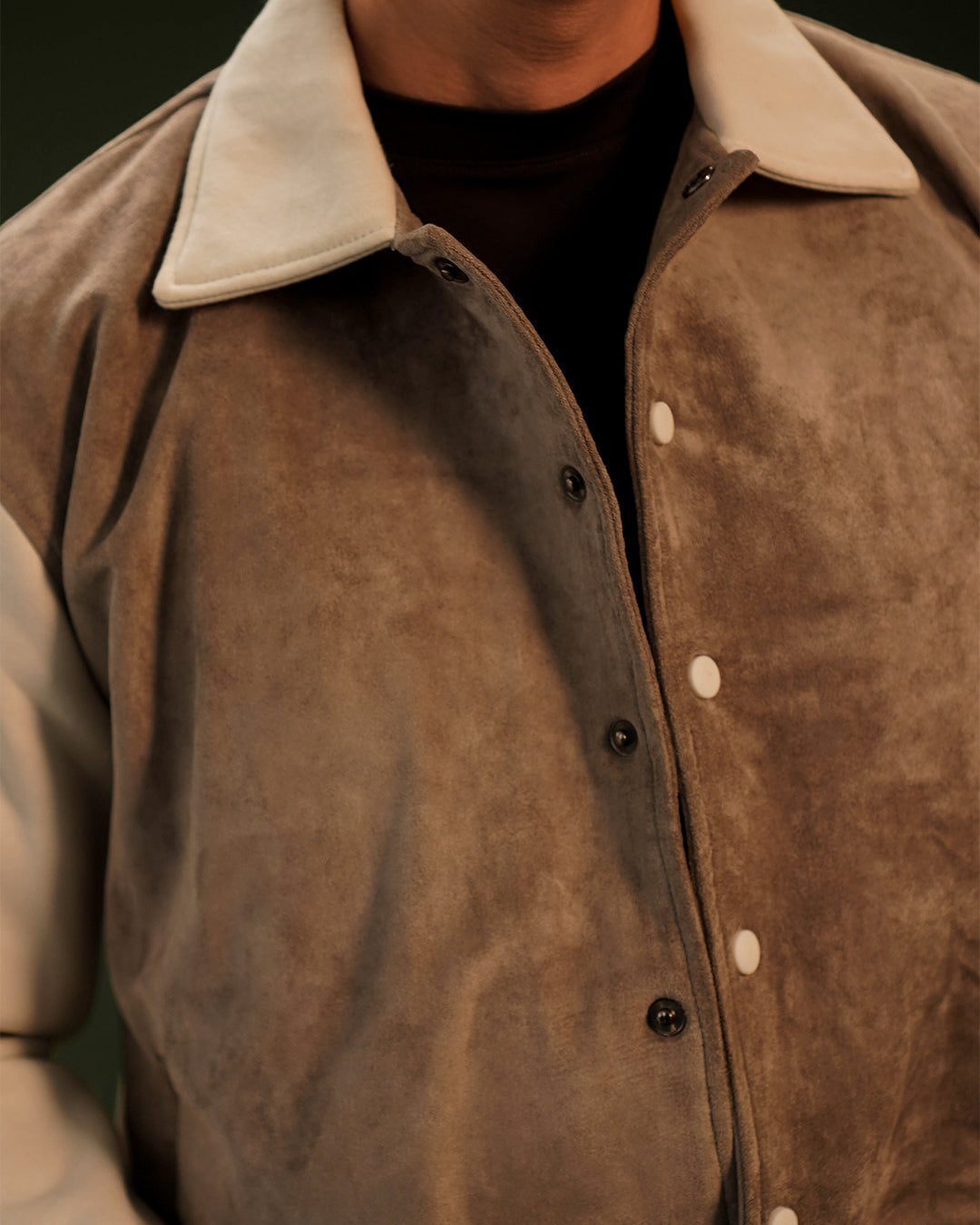 Two Tone Minimal Varsity Jacket Suede mix Fleece - Light Brown