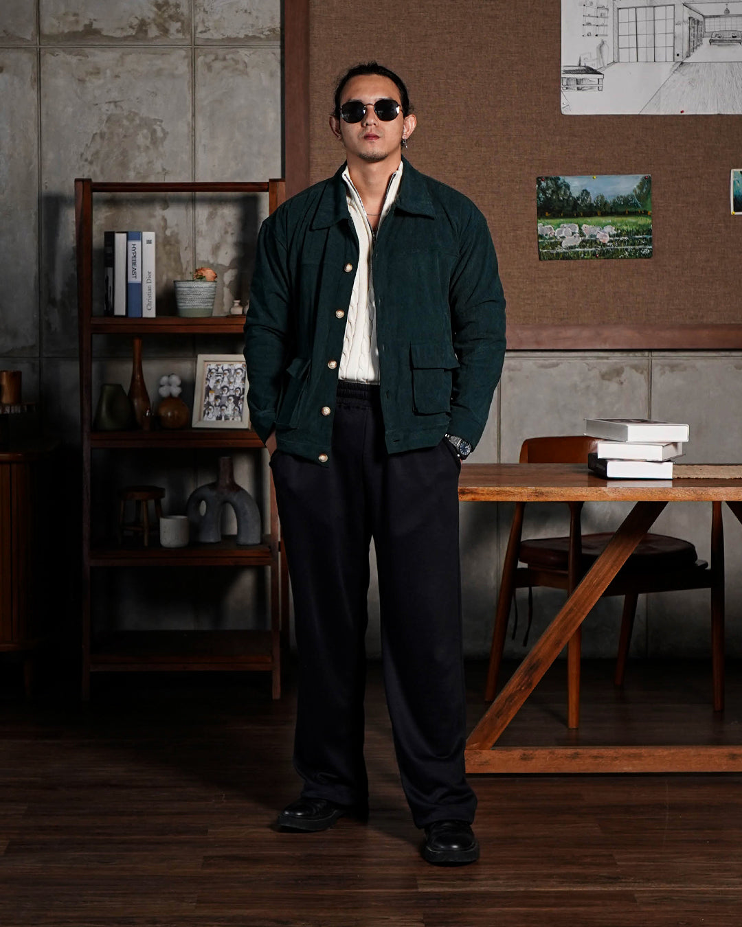 Corduroy Work Jacket Button - Emerald Green