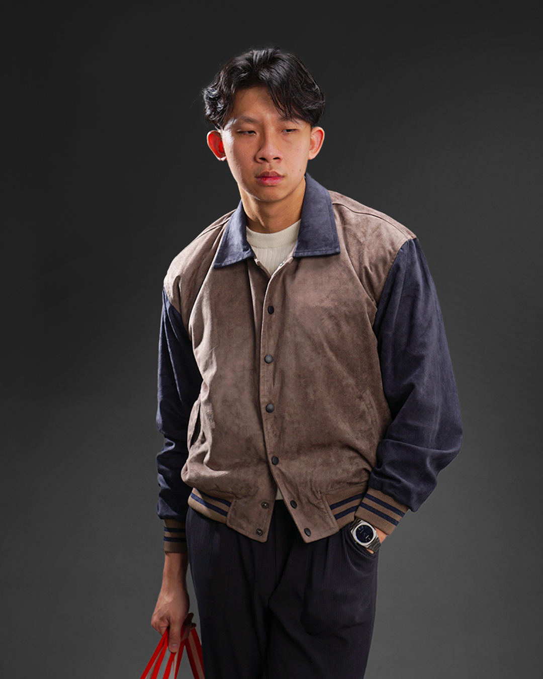 Two Tone Active Boxy Varsity Suede Jacket