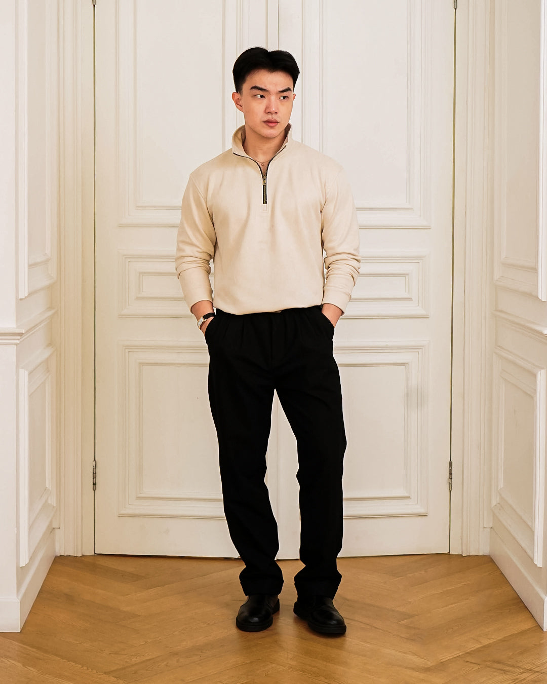 Polo Halfzip Suede Longsleeve - Offwhite