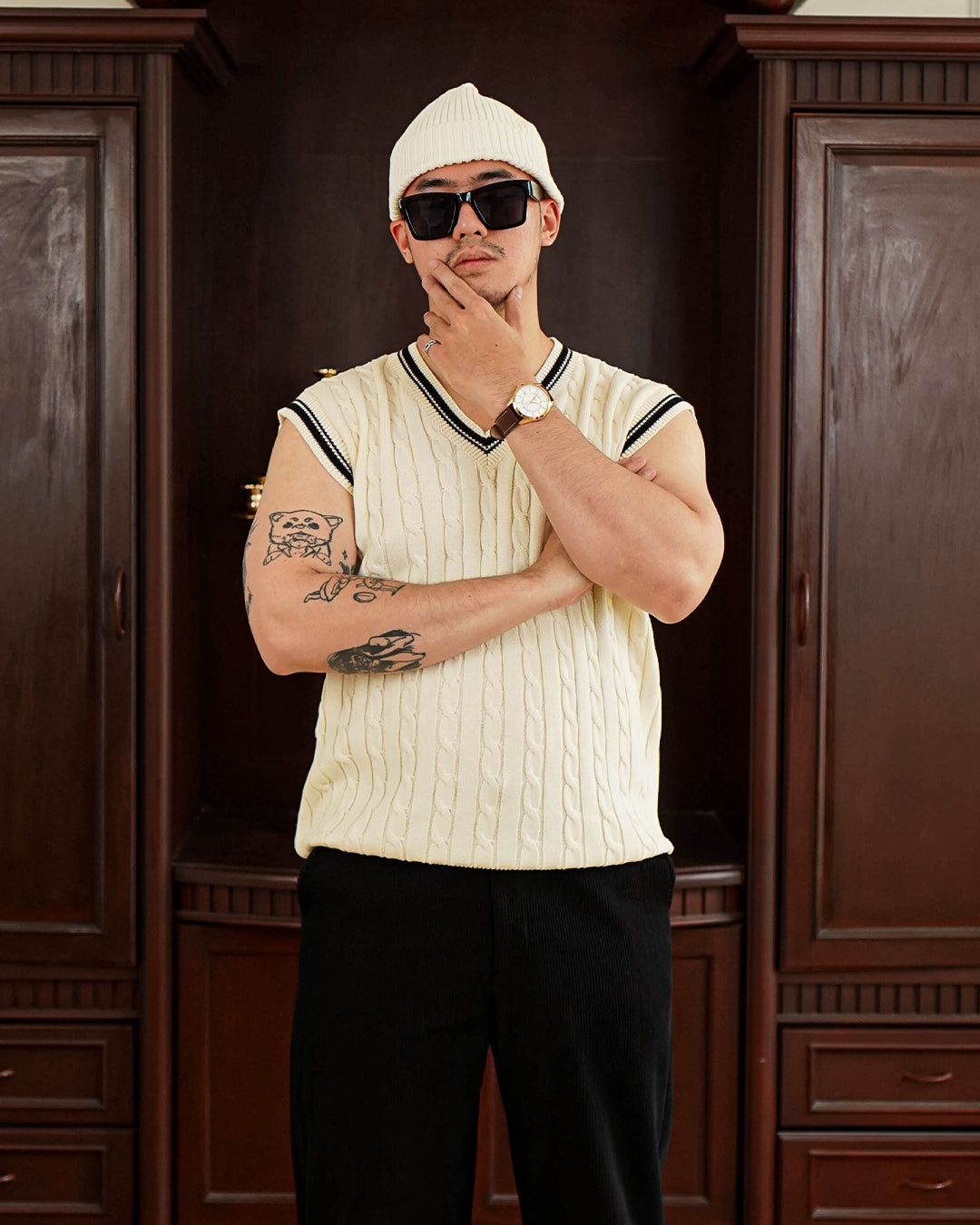 Cable Knot Vest Knitwear - Offwhite Black