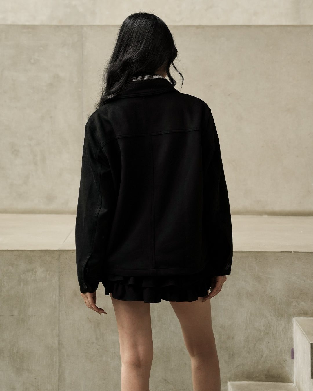 Minimal Button Suede Jacket - Black
