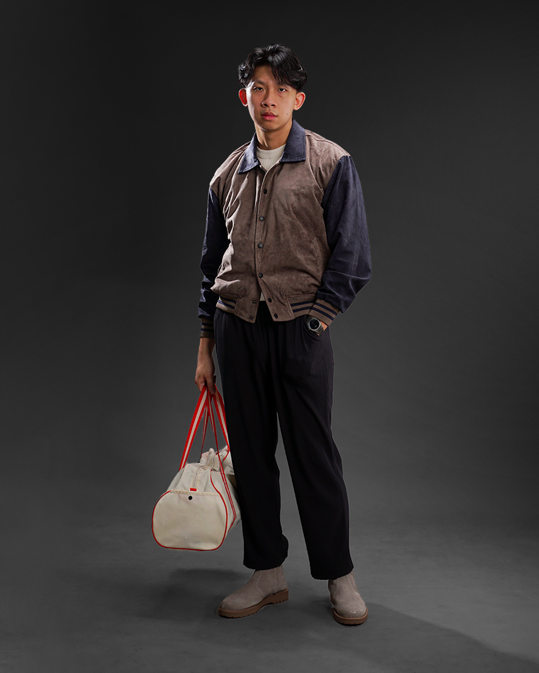 Two Tone Active Boxy Varsity Suede Jacket