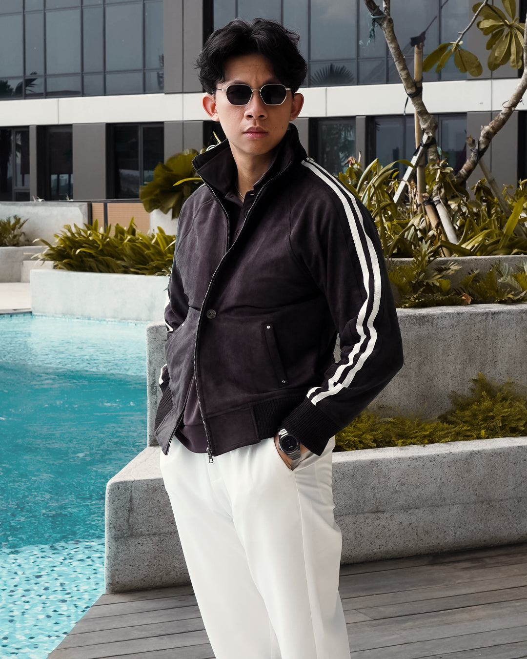 Suede Stripes Jacket w/ Button - Black