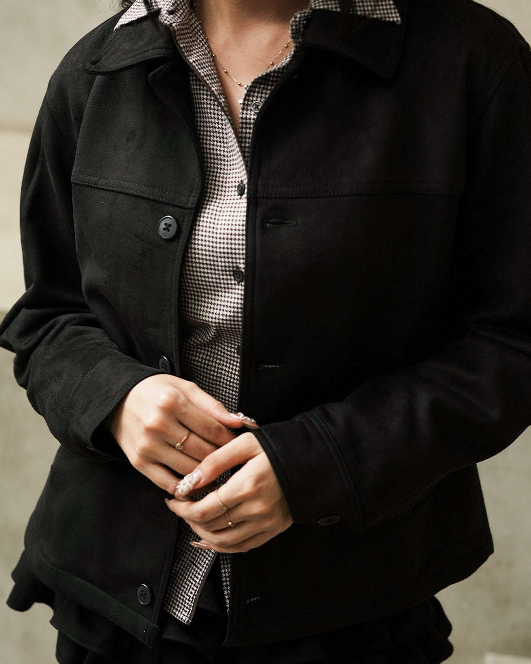 Minimal Button Suede Jacket - Black