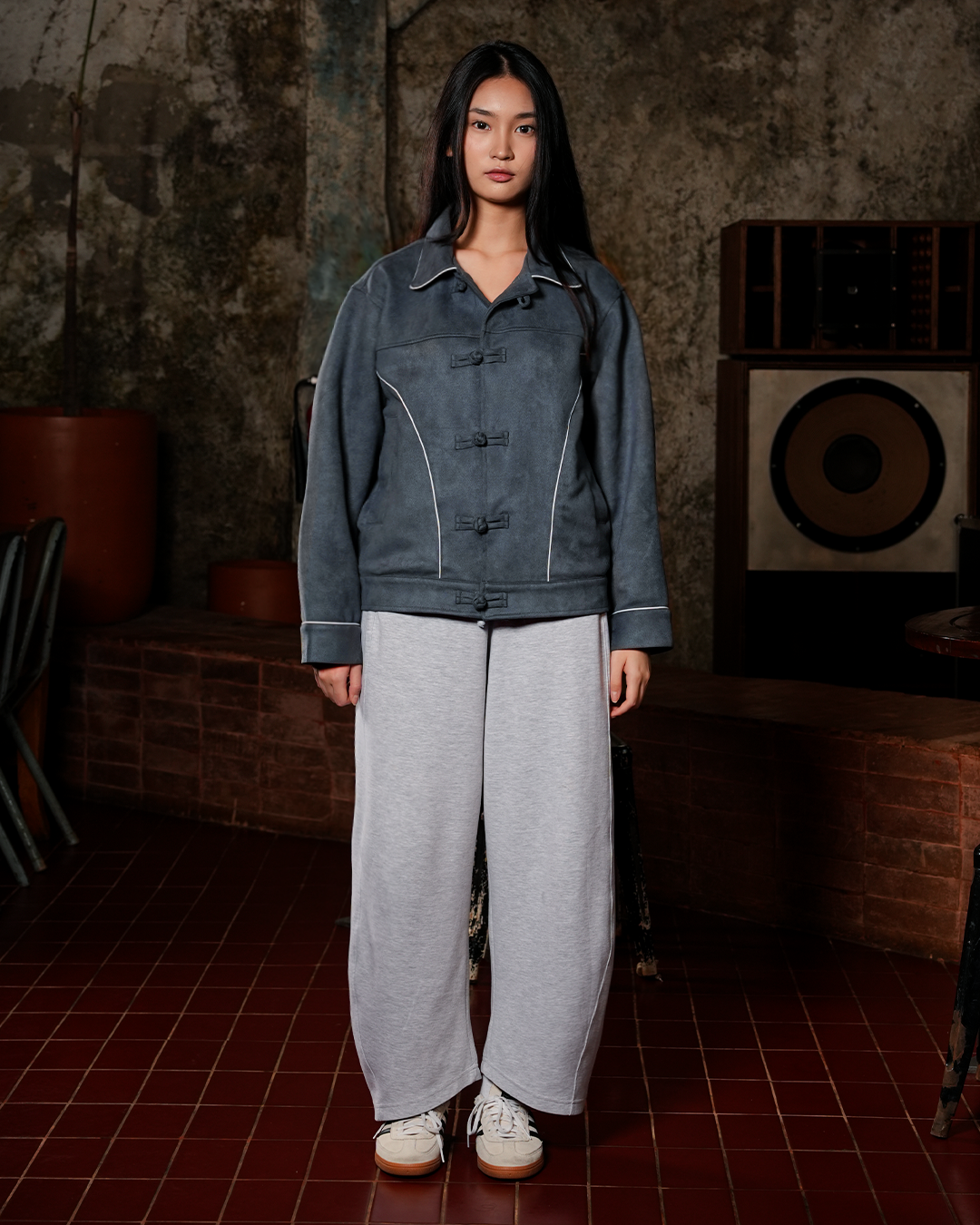 Accent Suede Chongsam Jacket - Dusty Blue