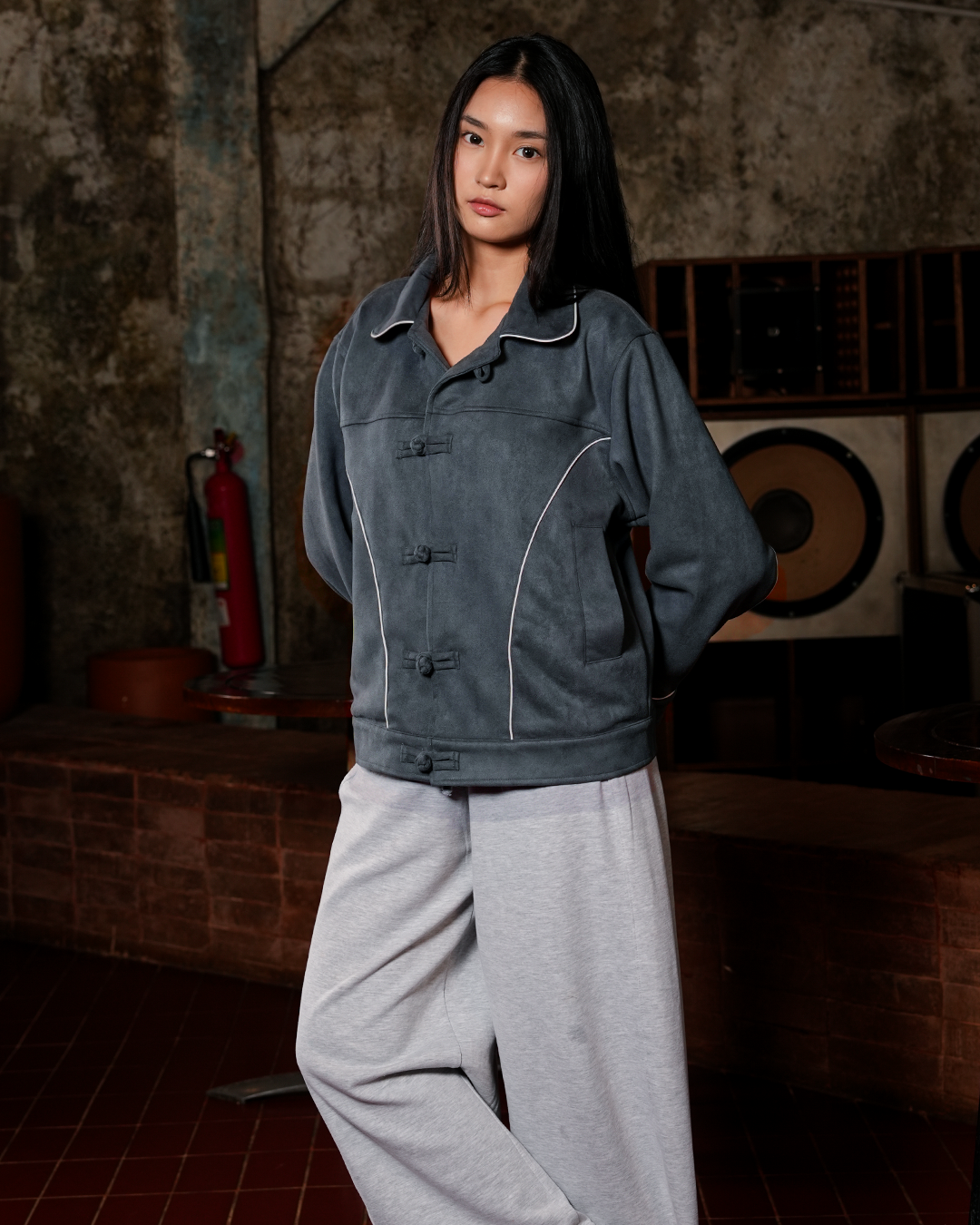 Accent Suede Chongsam Jacket - Dusty Blue