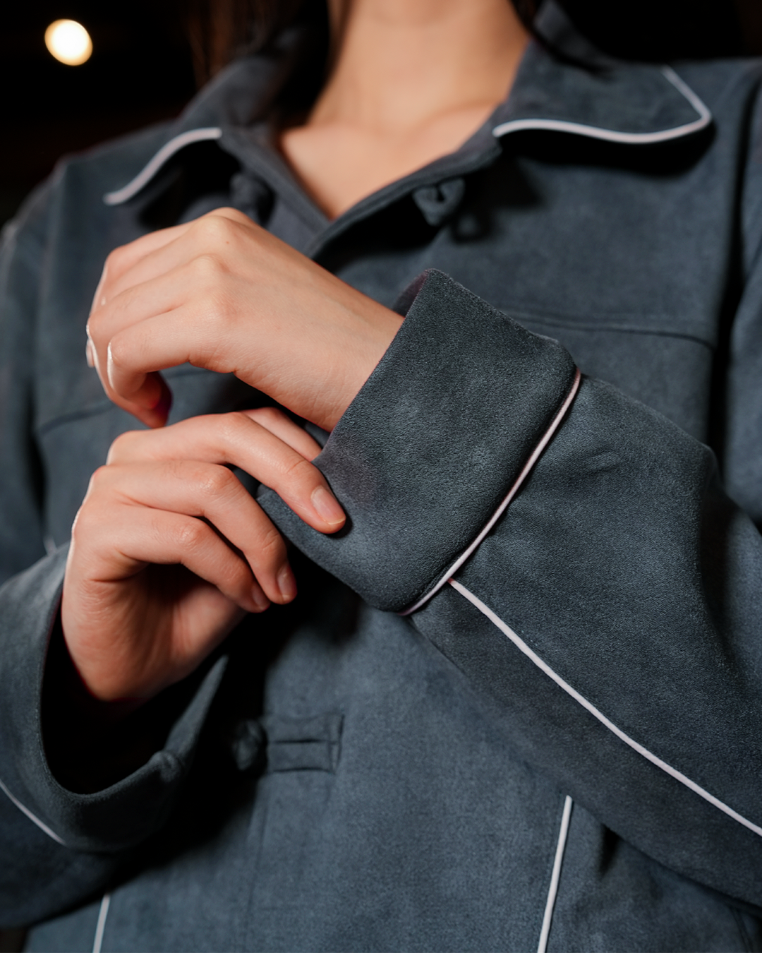 Accent Suede Chongsam Jacket - Dusty Blue