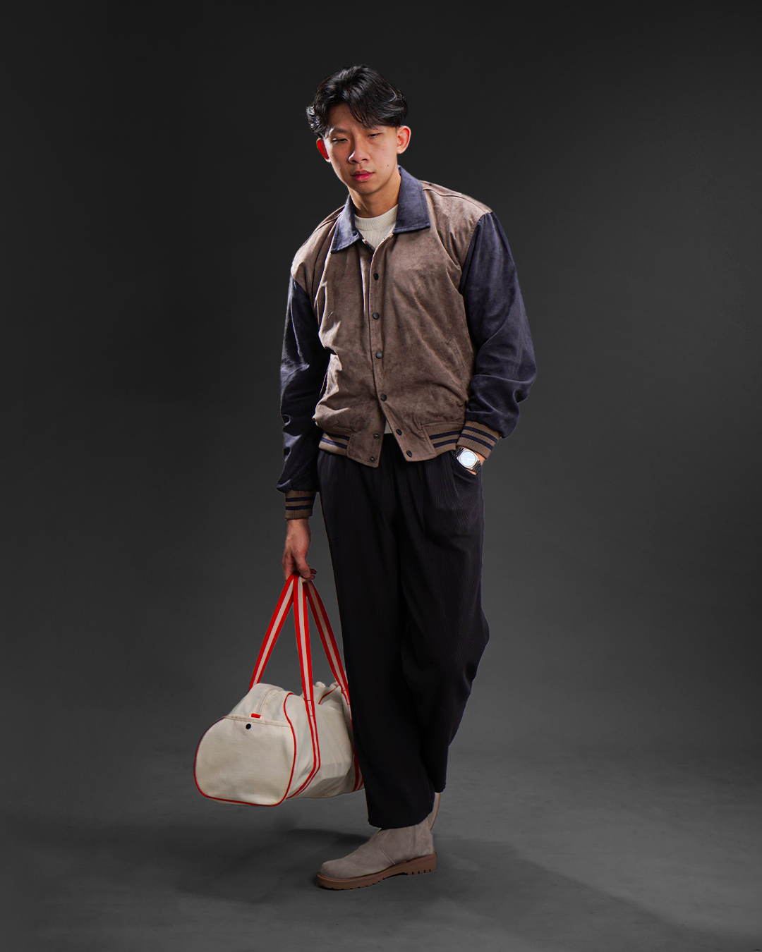 Two Tone Active Boxy Varsity Suede Jacket