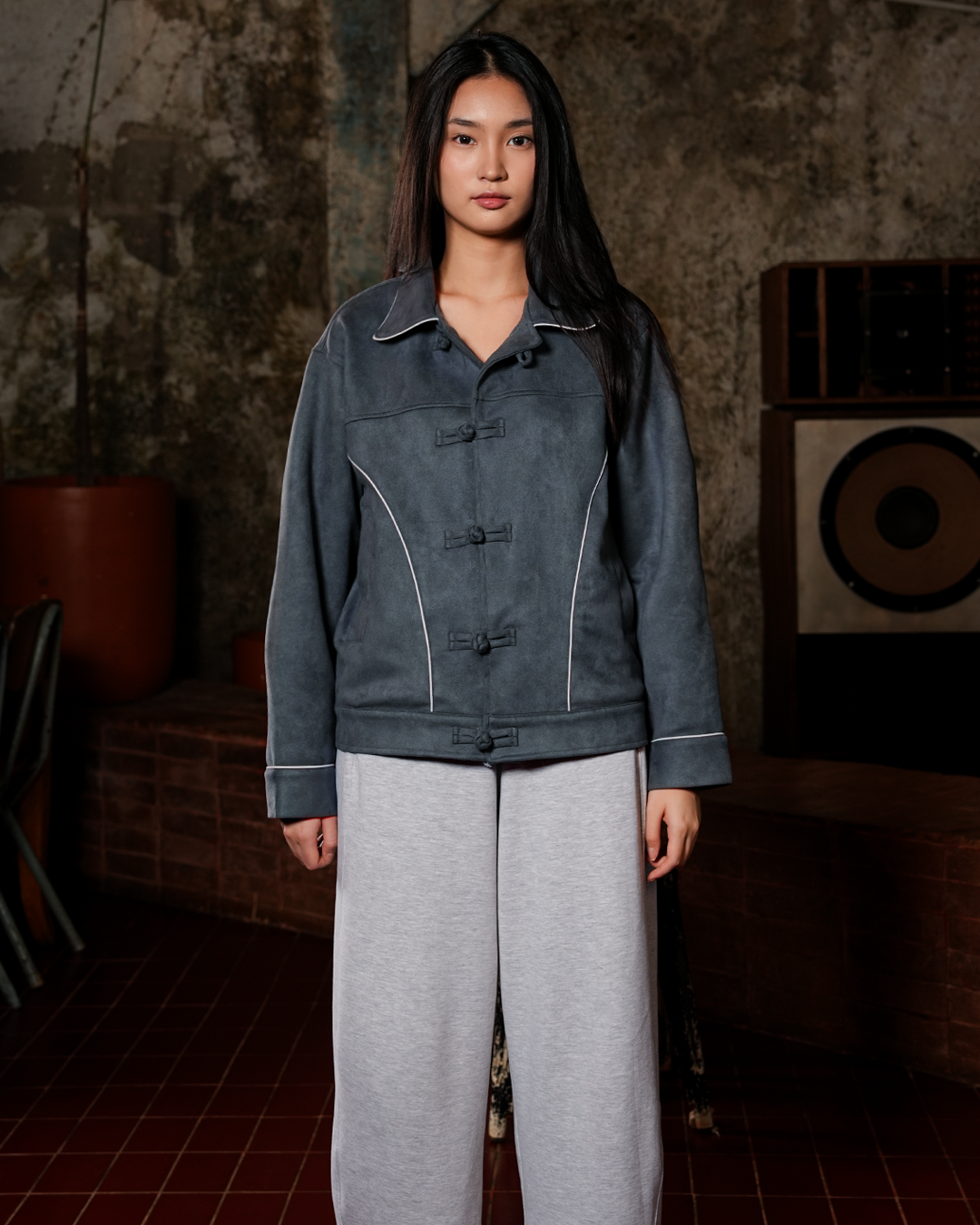 Accent Suede Chongsam Jacket - Dusty Blue