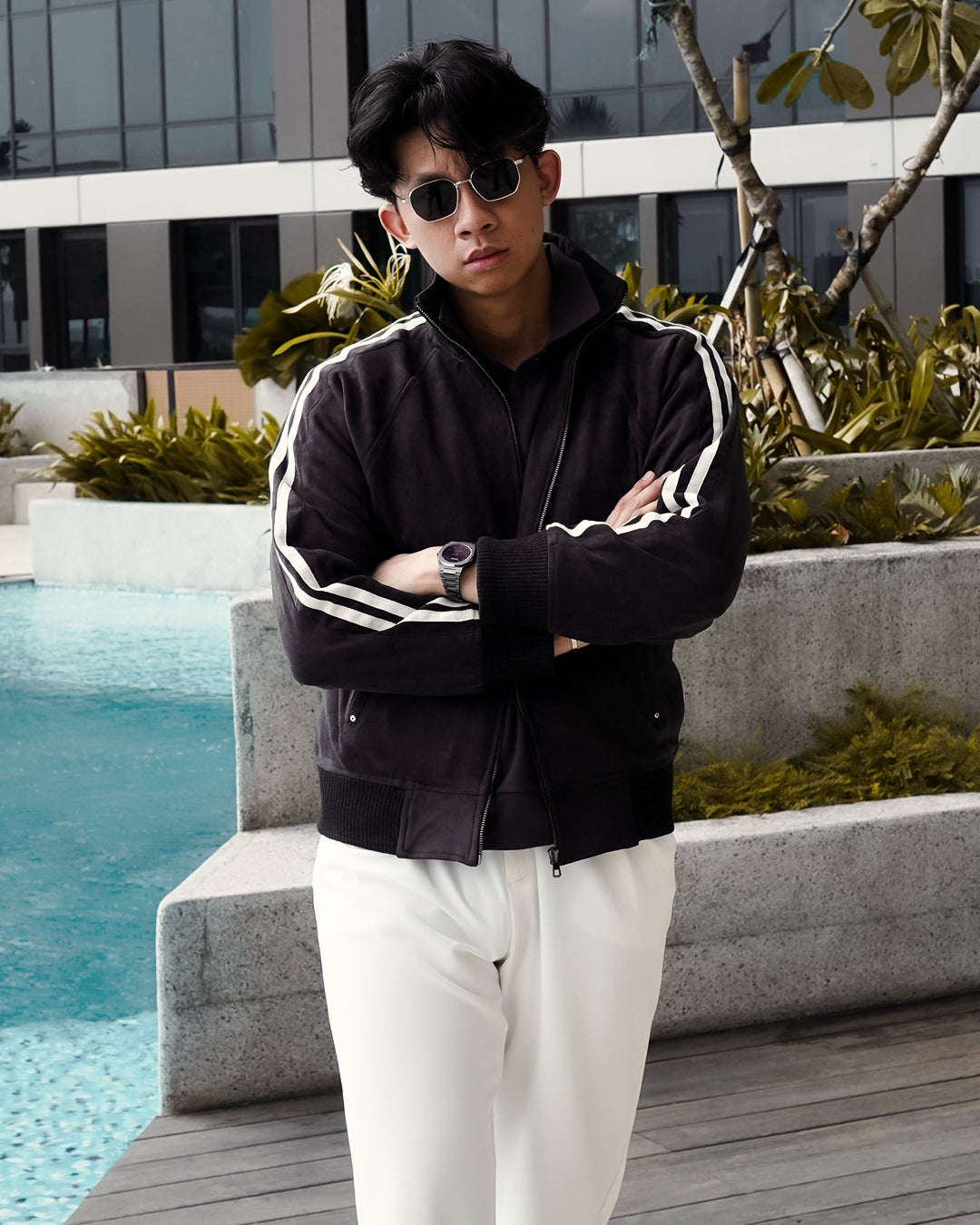 Suede Stripes Jacket w/ Button - Black