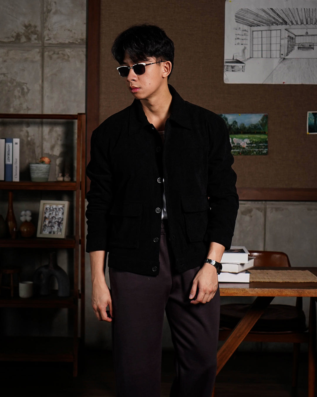 Corduroy Work Jacket Button - Black