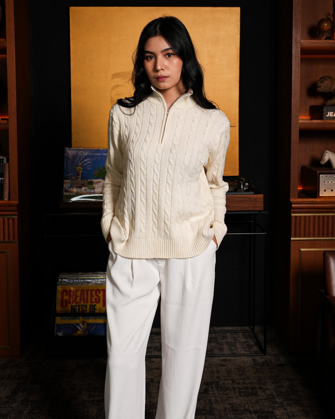 Cable-Knit Cotton GG Half-Zip Sweater - Offwhite