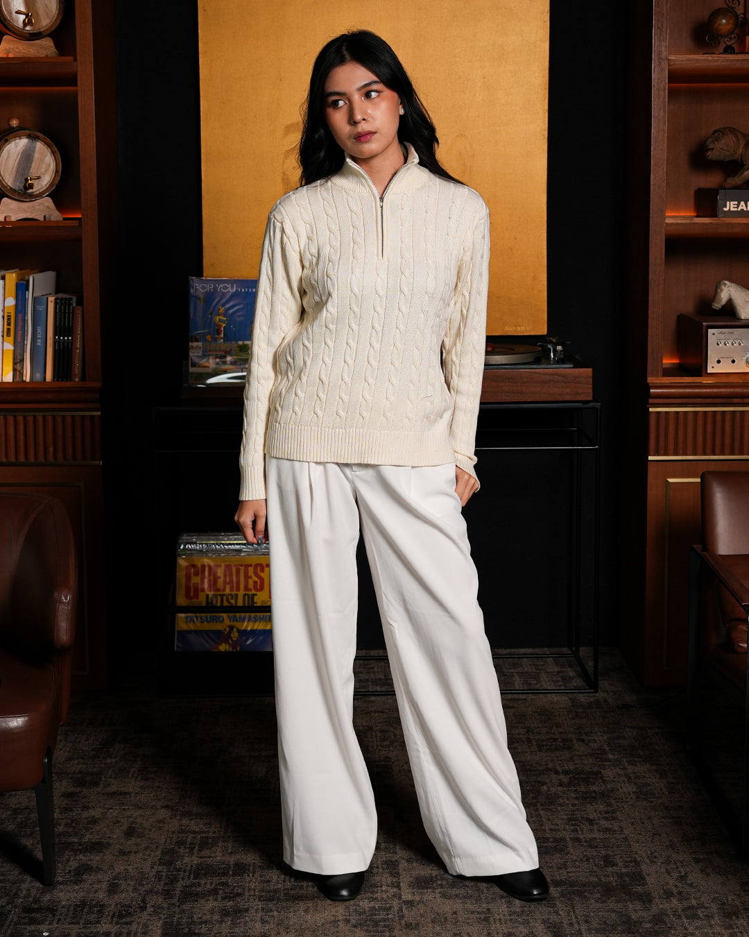 Cable-Knit Cotton GG Half-Zip Sweater - Offwhite
