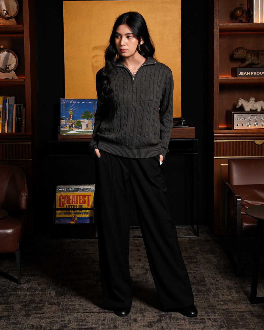 Cable-Knit Cotton GG Half-Zip Sweater - Dark Gray