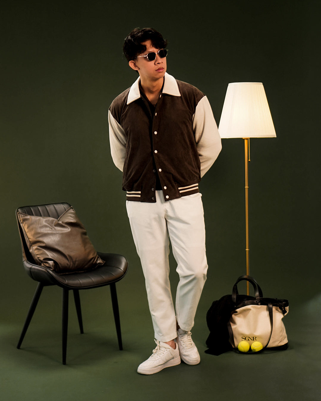 Two Tone Minimal Varsity Jacket Suede mix Fleece - Coffee