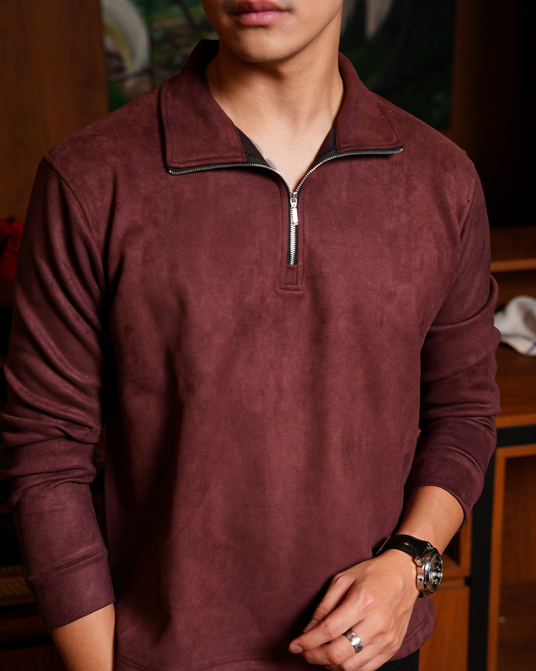 Polo Halfzip Suede Longsleeve - Maroon