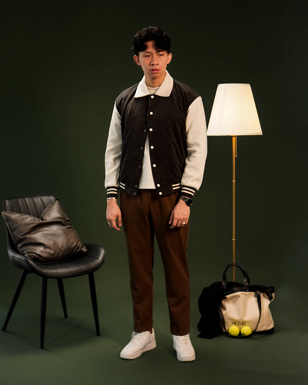 Two Tone Minimal Varsity Jacket Suede mix Fleece - Charcoal