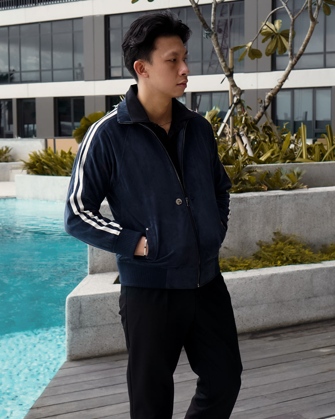 Suede Stripes Jacket w/ Button - Navy