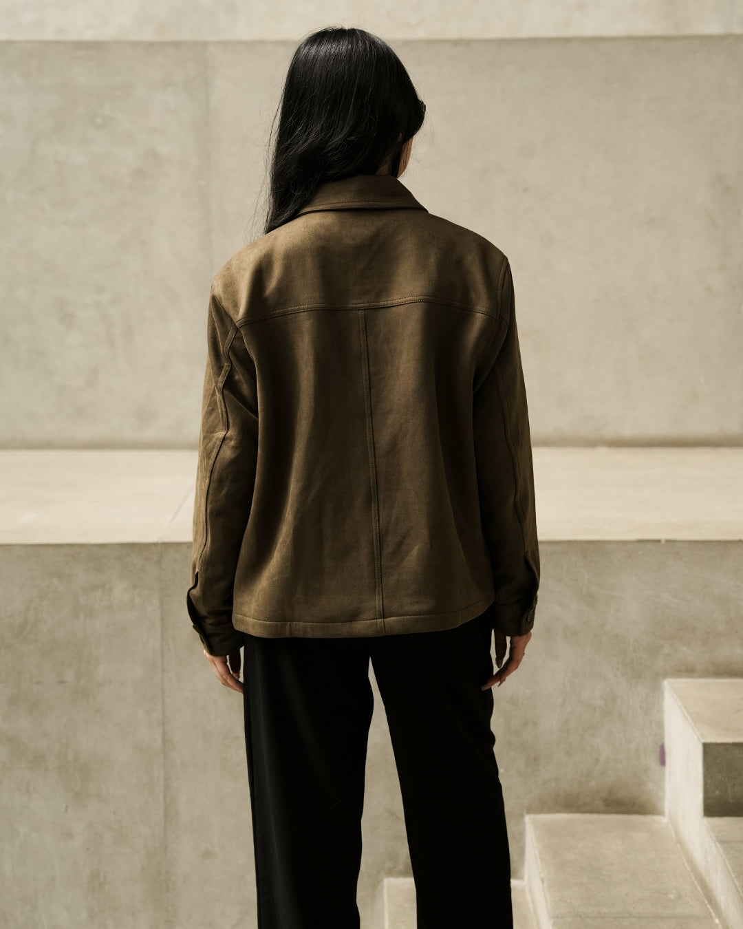 Minimal Button Suede Jacket - Olive