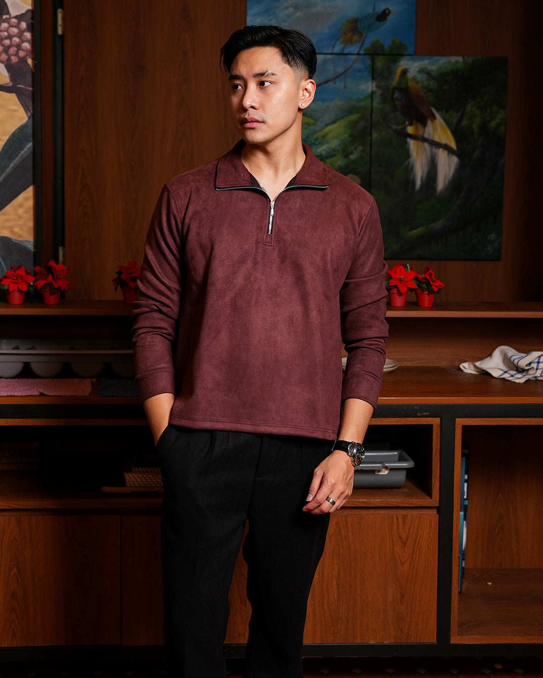 Polo Halfzip Suede Longsleeve - Maroon