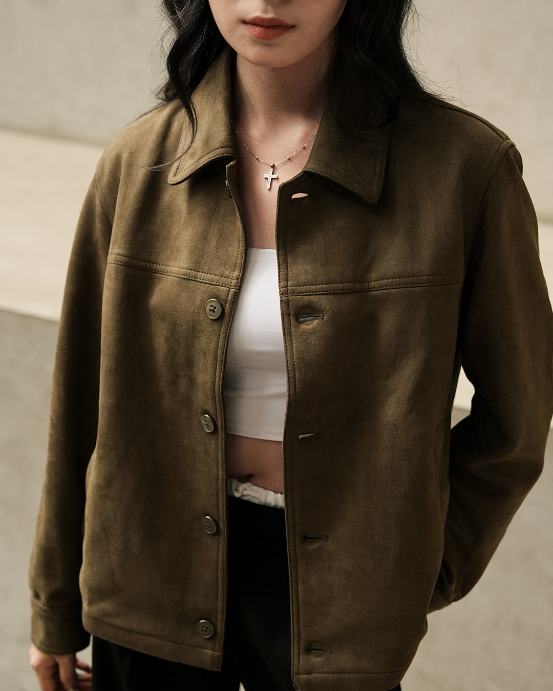 Minimal Button Suede Jacket - Olive