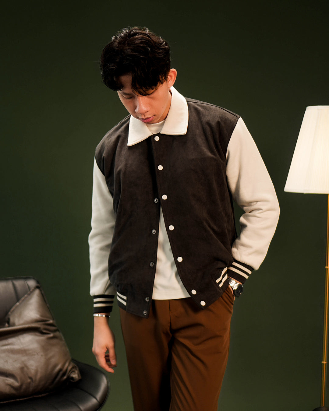 Two Tone Minimal Varsity Jacket Suede mix Fleece - Charcoal