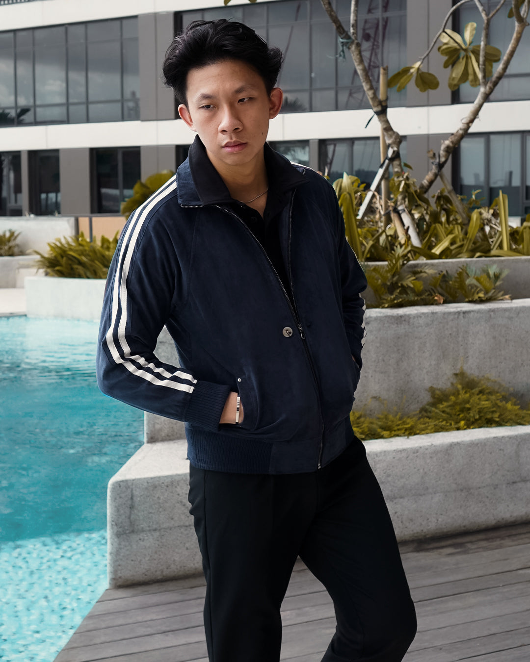 Suede Stripes Jacket w/ Button - Navy