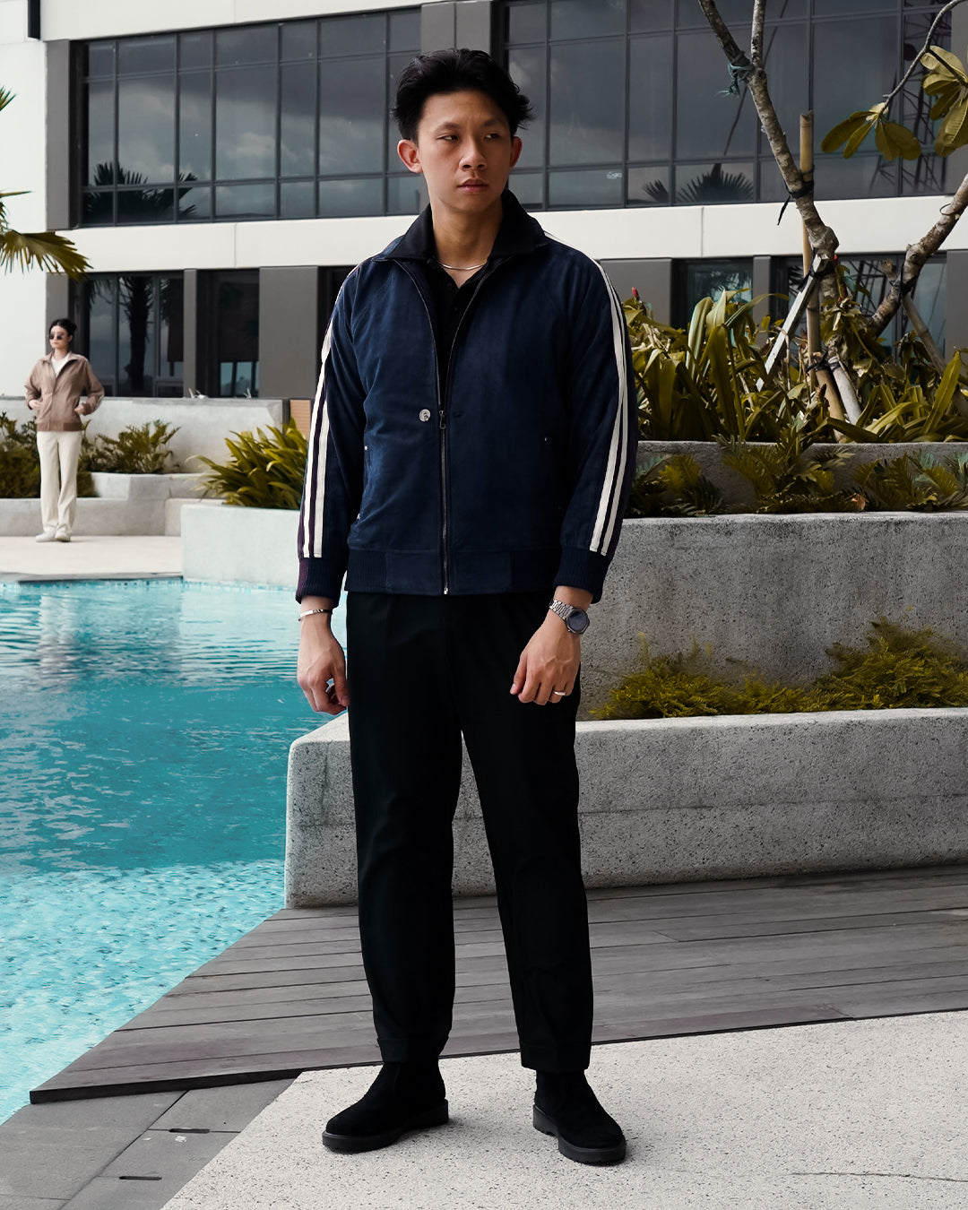 Suede Stripes Jacket w/ Button - Navy