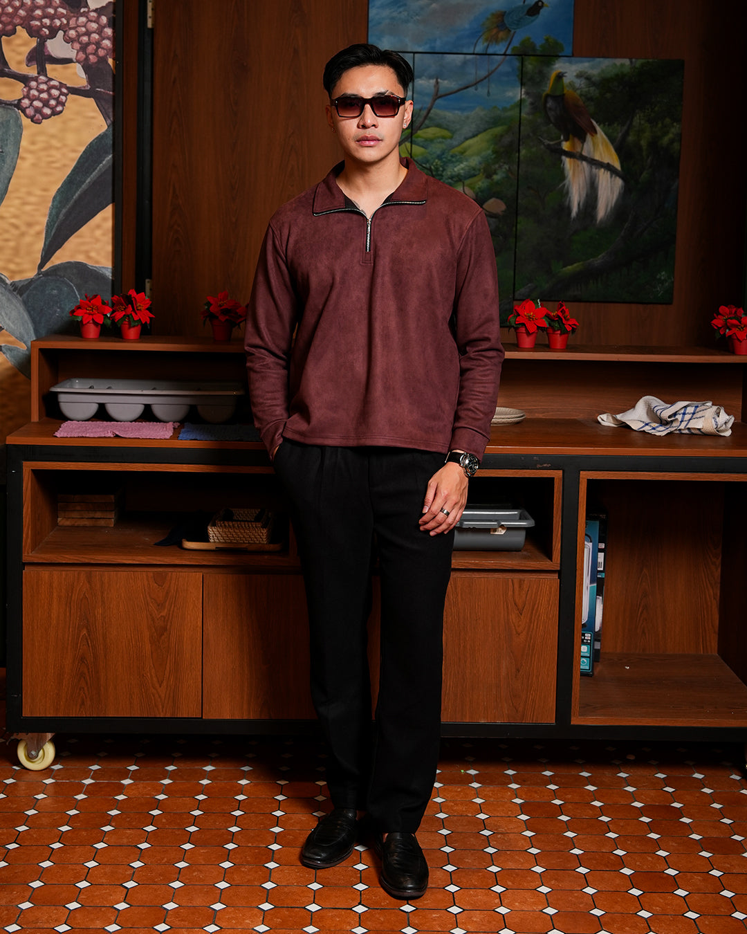 Polo Halfzip Suede Longsleeve - Maroon