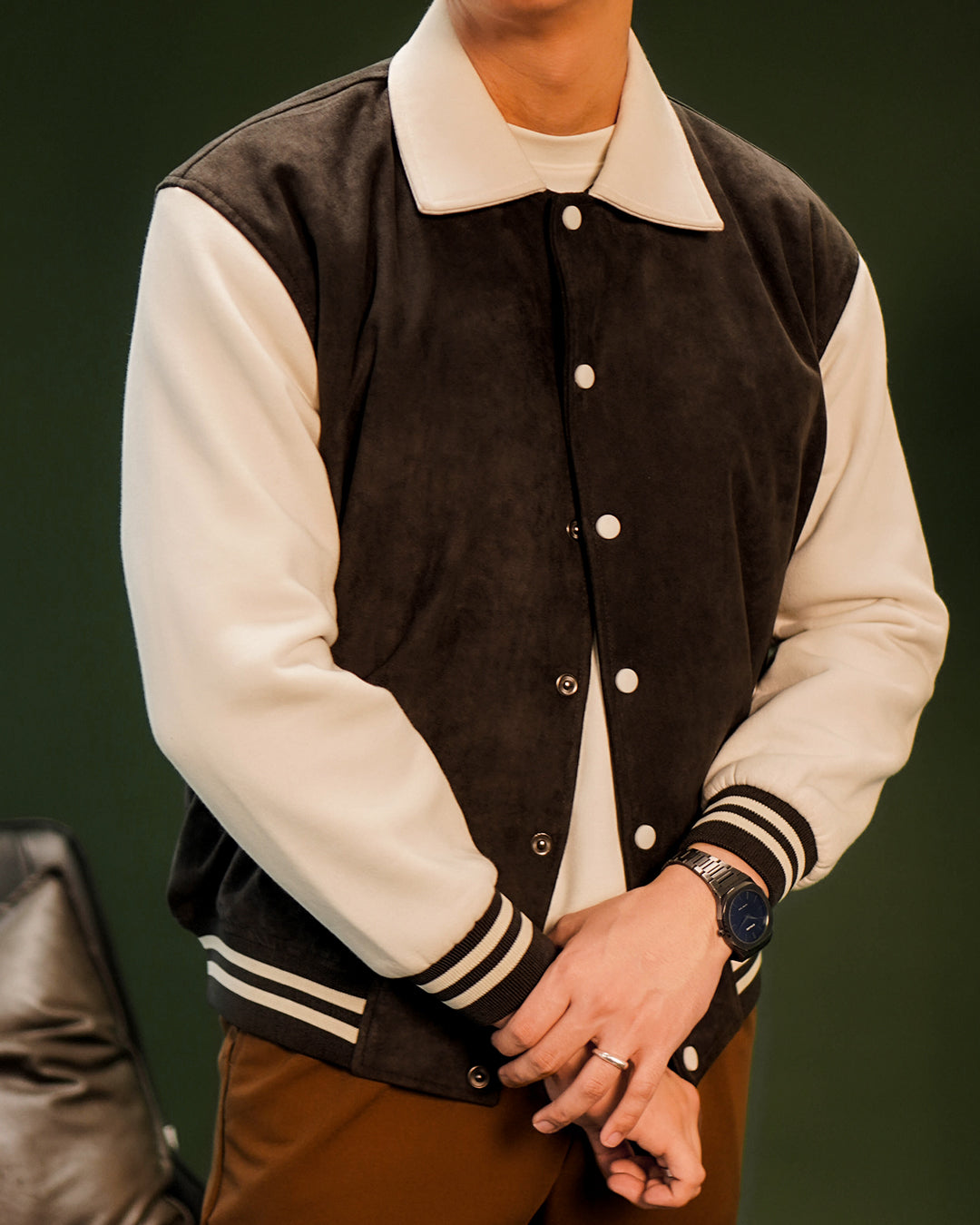 Two Tone Minimal Varsity Jacket Suede mix Fleece - Charcoal