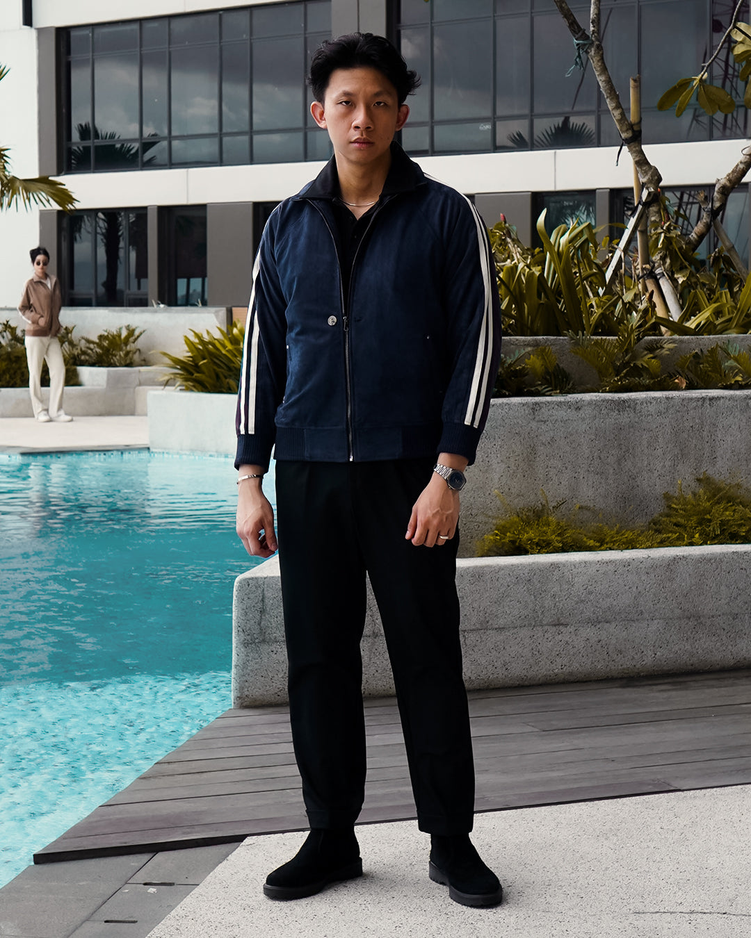 Suede Stripes Jacket w/ Button - Navy