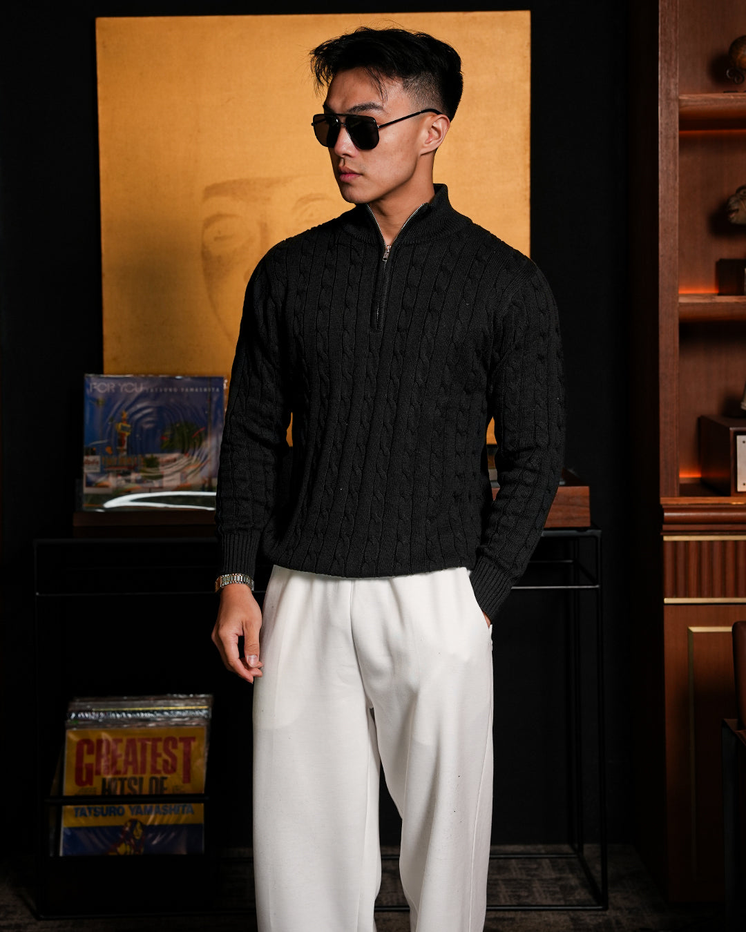 Cable-Knit Cotton GG Half-Zip Sweater - Black