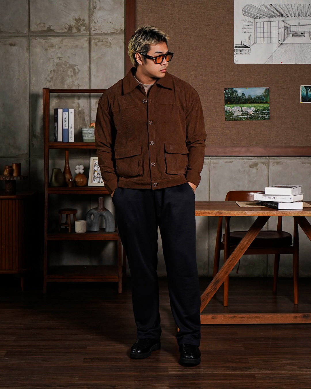 Corduroy Work Jacket Button - Brown