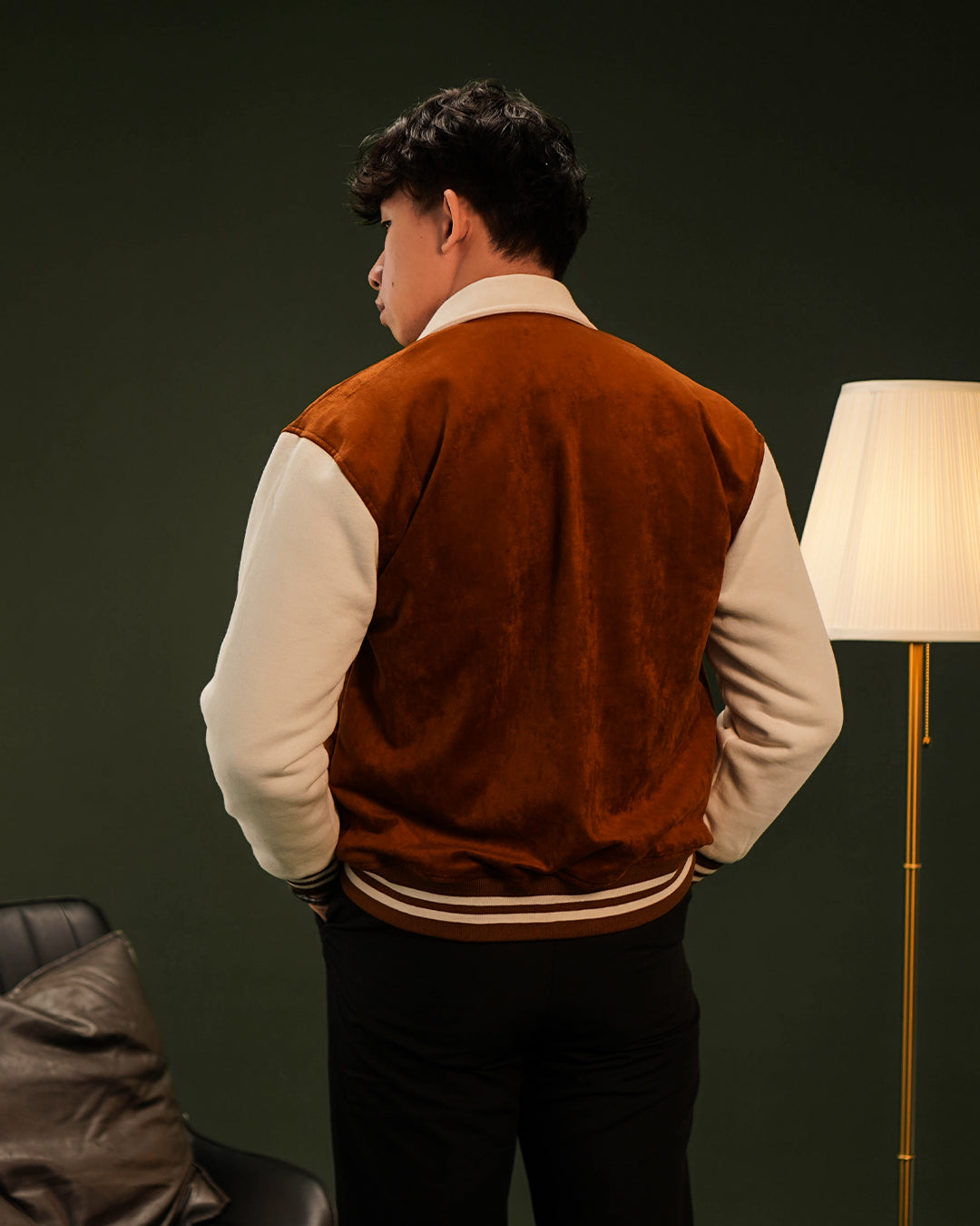Two Tone Minimal Varsity Jacket Suede mix Fleece - Camel
