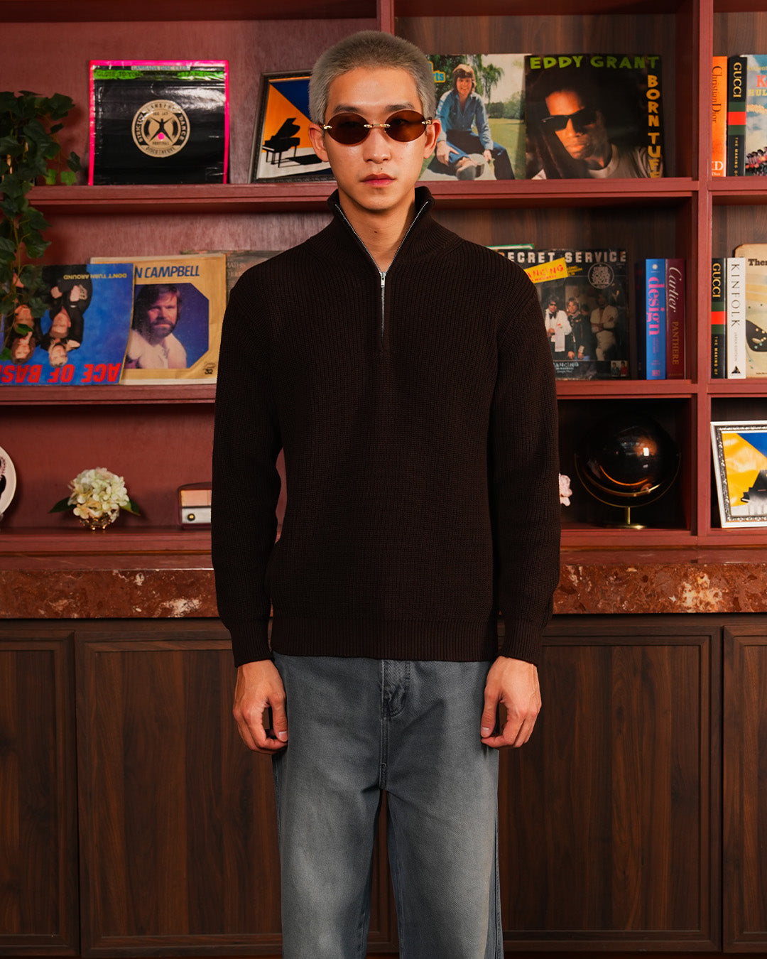 Cotton Rich Half Zip Knitwear - Coffee