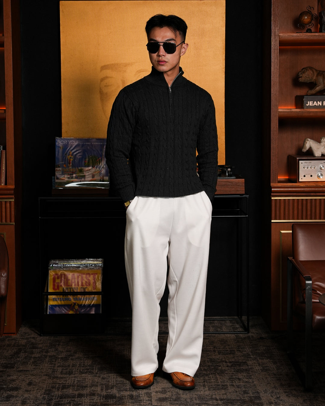 Cable-Knit Cotton GG Half-Zip Sweater - Black