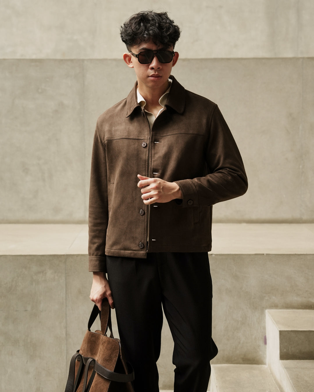 Minimal Button Suede Jacket - Coffee