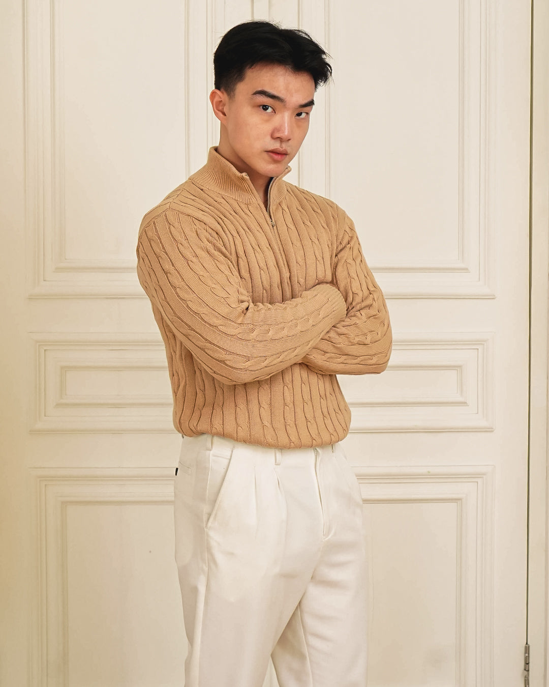Cable-Knit Cotton GG Half-Zip Sweater - Beige