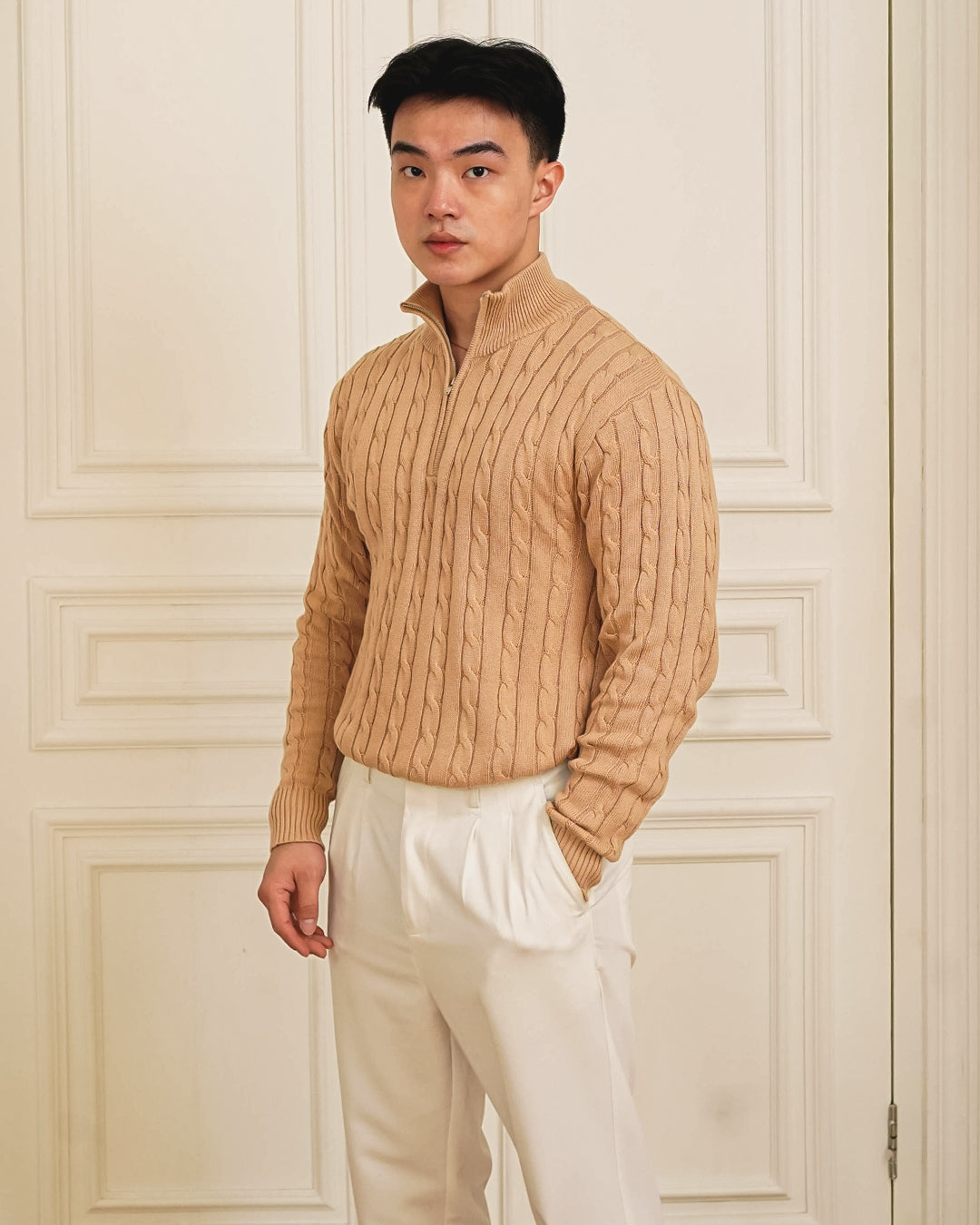 Cable-Knit Cotton GG Half-Zip Sweater - Beige