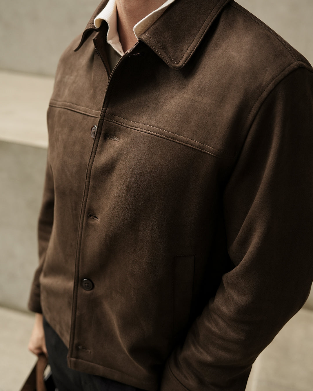Minimal Button Suede Jacket - Coffee