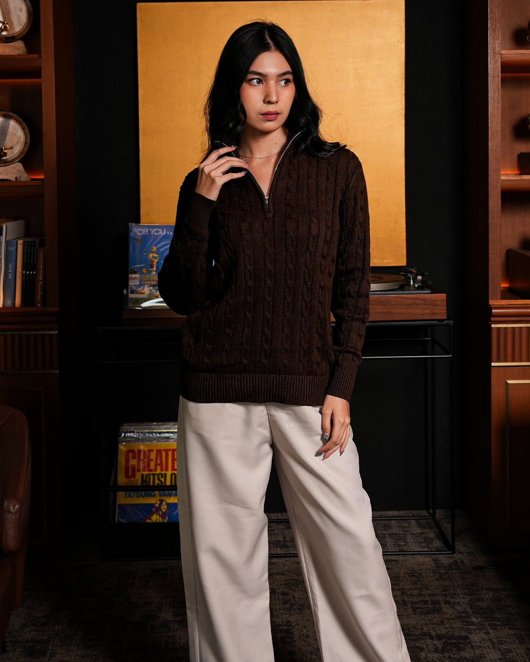Cable-Knit Cotton GG Half-Zip Sweater - Coffee