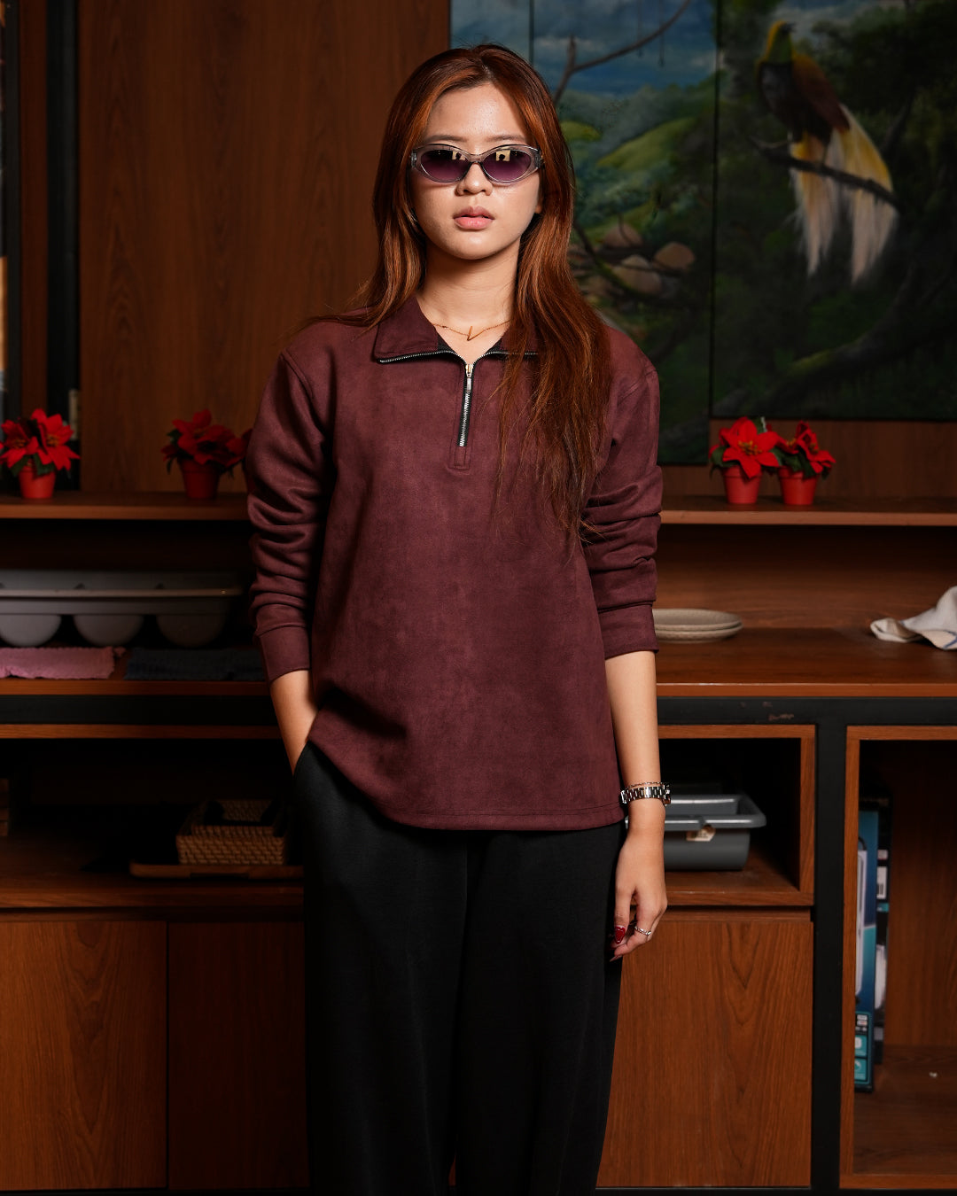 Polo Halfzip Suede Longsleeve - Maroon