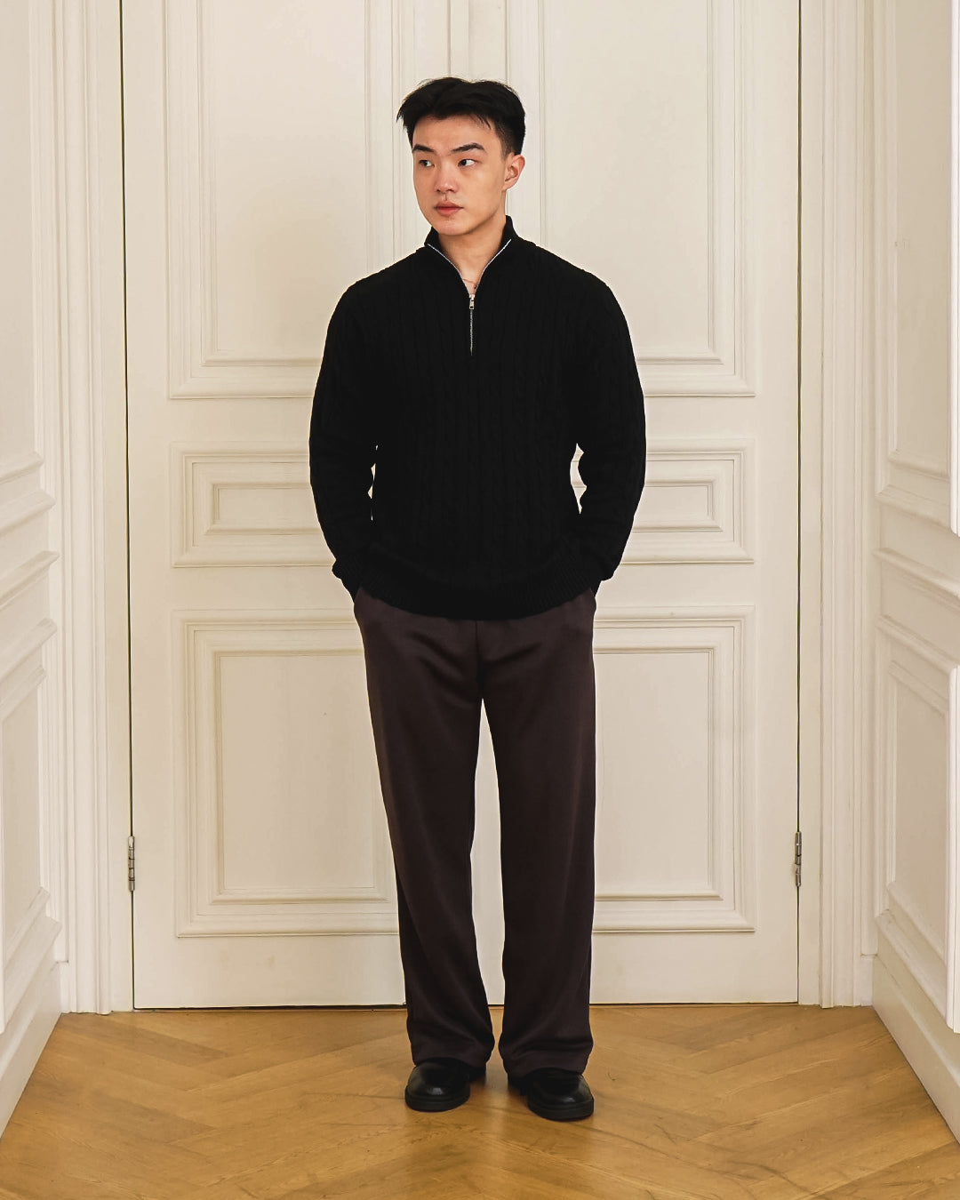 Cable-Knit Cotton GG Half-Zip Sweater - Black