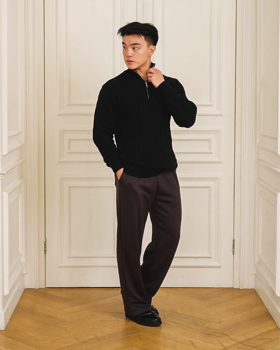 Cable-Knit Cotton GG Half-Zip Sweater - Black