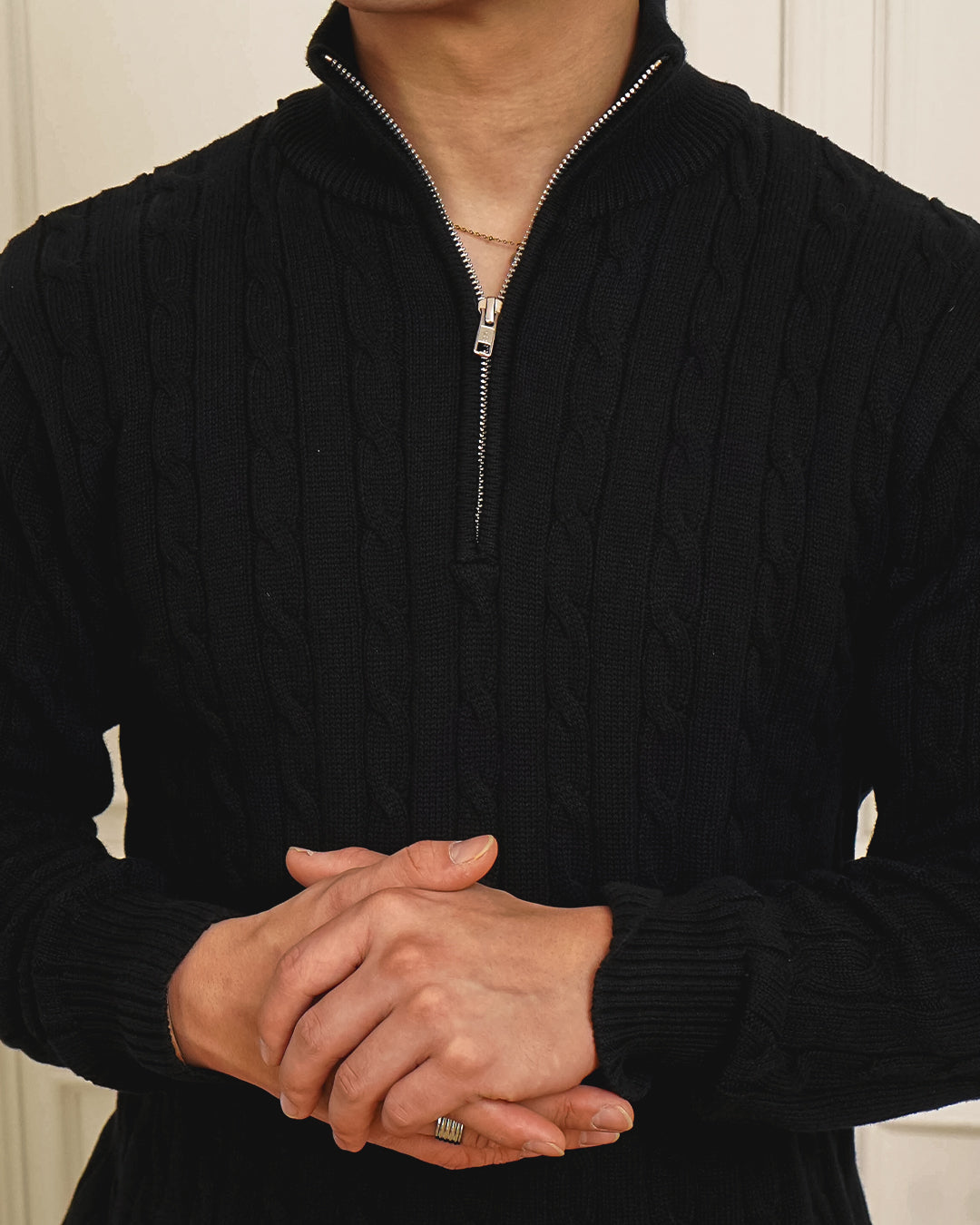 Cable-Knit Cotton GG Half-Zip Sweater - Black