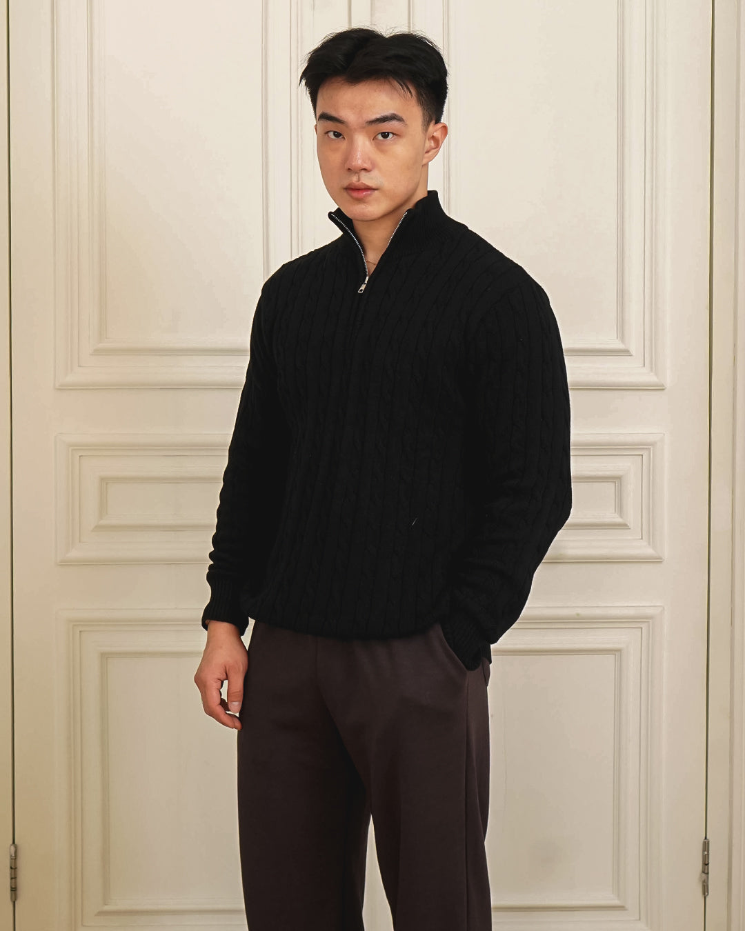 Cable-Knit Cotton GG Half-Zip Sweater - Black
