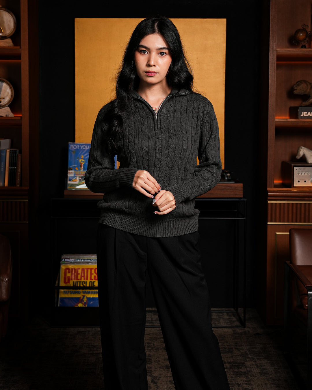 Cable-Knit Cotton GG Half-Zip Sweater - Dark Gray